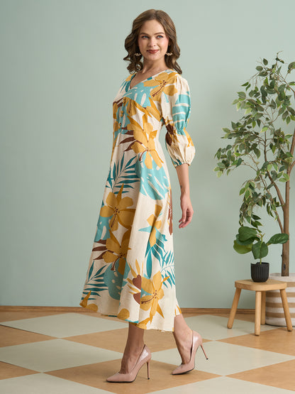 Abstract Printed A-Line Pleated Midi Cotton Flax Dress - Multi