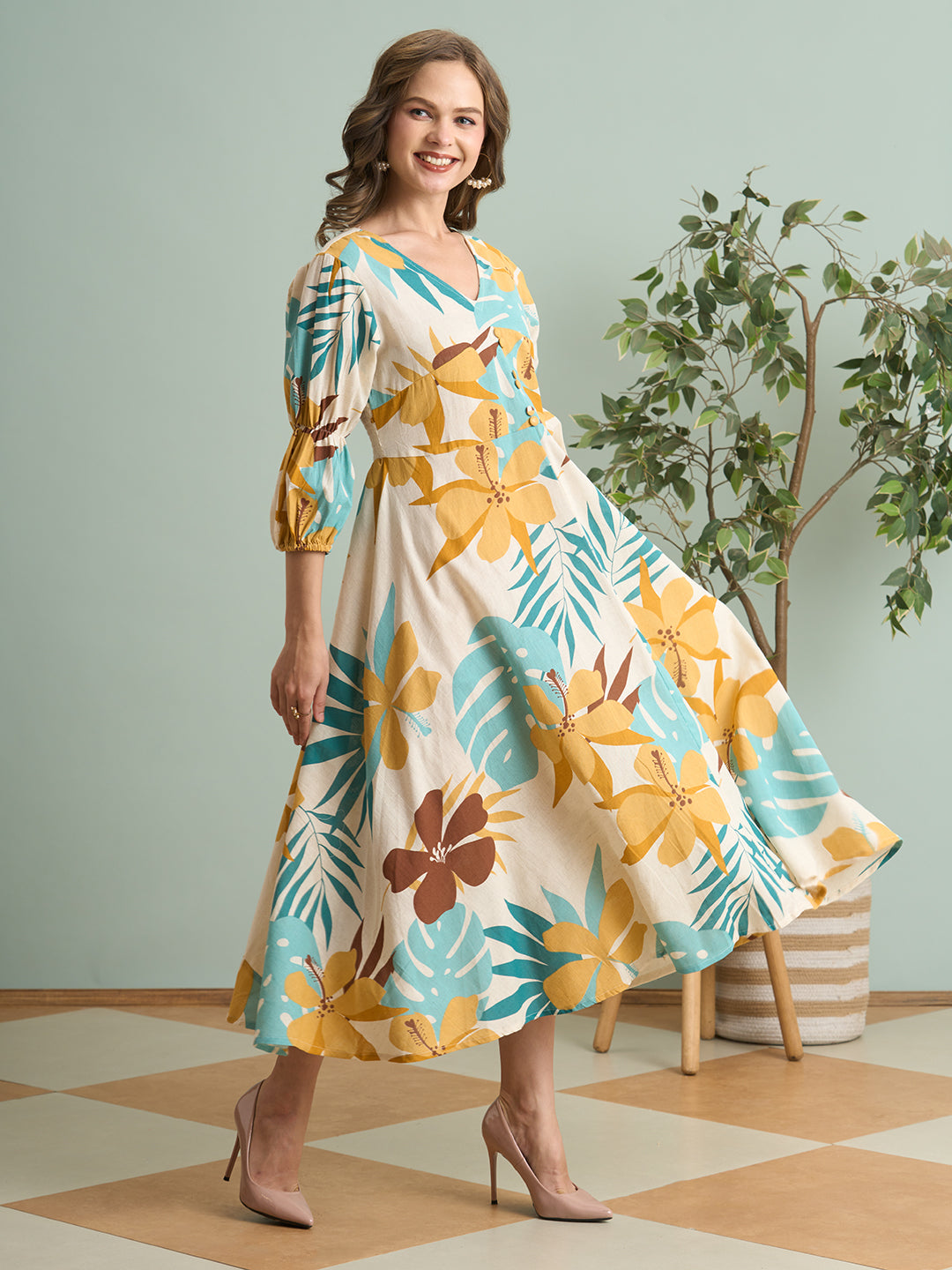 Abstract Printed A-Line Pleated Midi Cotton Flax Dress - Multi