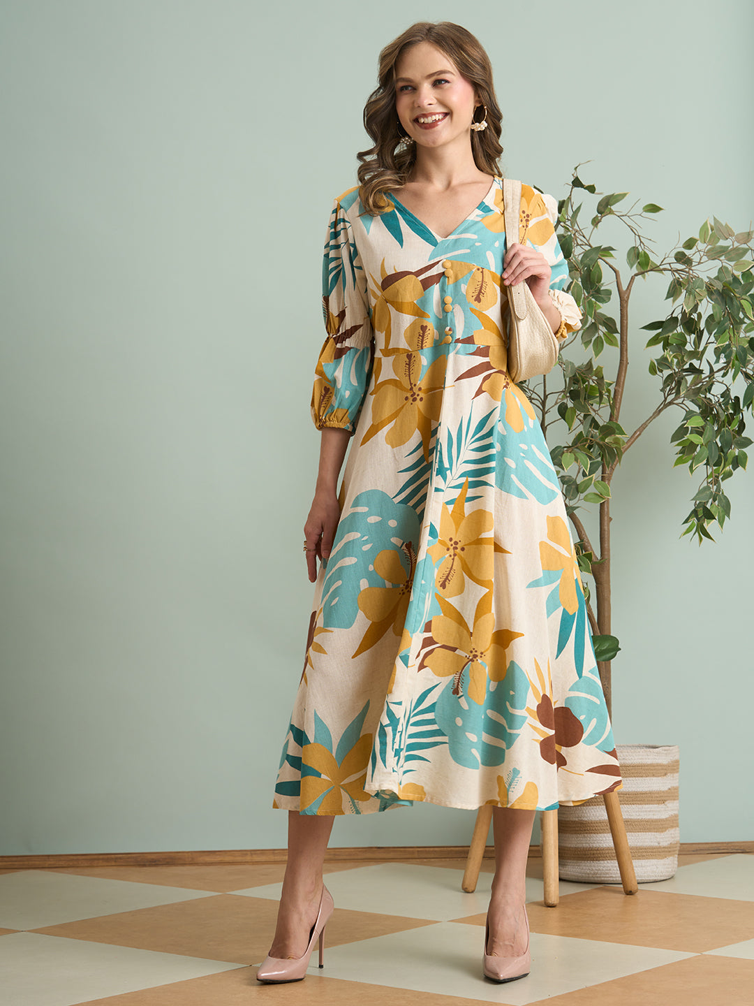 Abstract Printed A-Line Pleated Midi Cotton Flax Dress - Multi