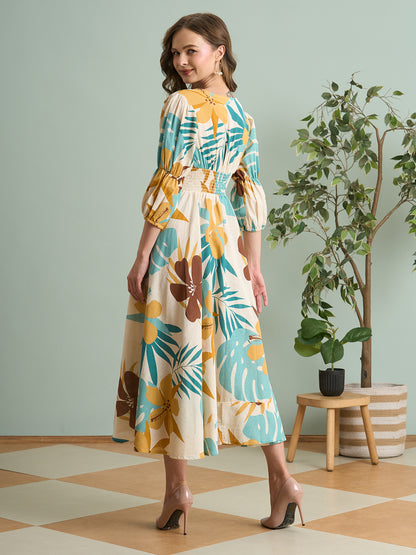 Abstract Printed A-Line Pleated Midi Cotton Flax Dress - Multi