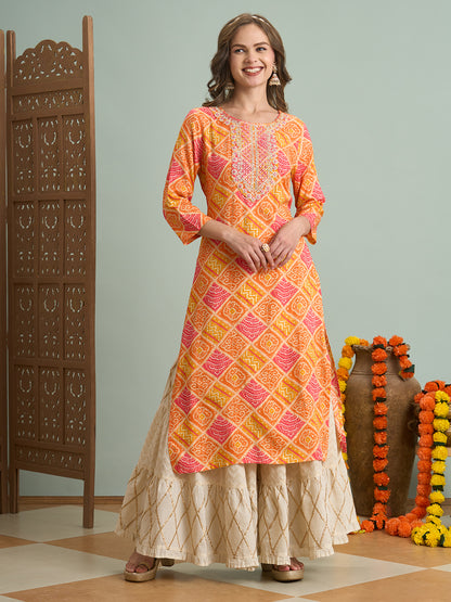 Ethnic Bandhani Printed & Embroidered Straight Fit Kurta - Multi