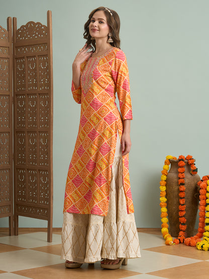 Ethnic Bandhani Printed & Embroidered Straight Fit Kurta - Multi