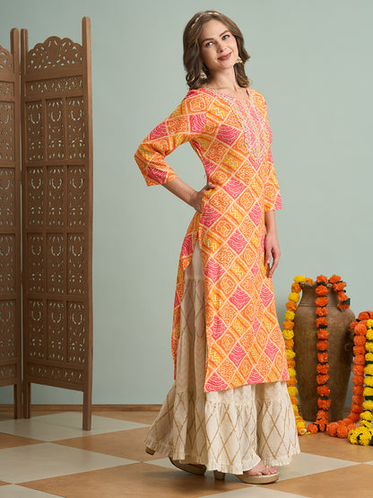 Ethnic Bandhani Printed & Embroidered Straight Fit Kurta - Multi