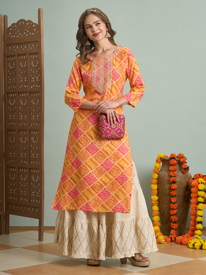 Ethnic Bandhani Printed & Embroidered Straight Fit Kurta - Multi