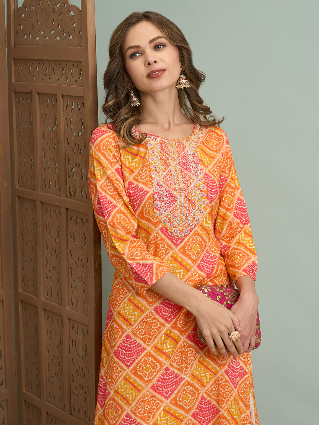 Ethnic Bandhani Printed & Embroidered Straight Fit Kurta - Multi
