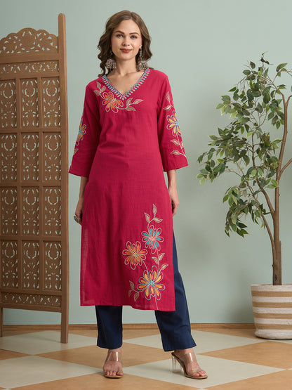 Solid Floral Threadwork Embroidered Straight Fit Kurta - Pink