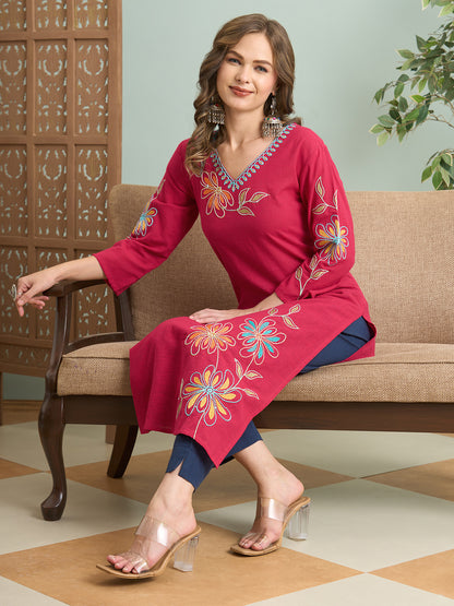 Solid Floral Threadwork Embroidered Straight Fit Kurta - Pink