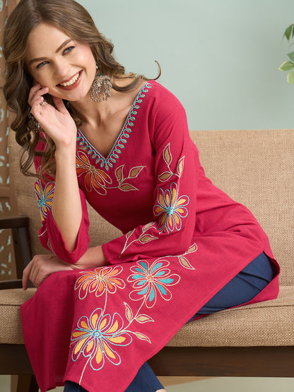 Solid Floral Threadwork Embroidered Straight Fit Kurta - Pink