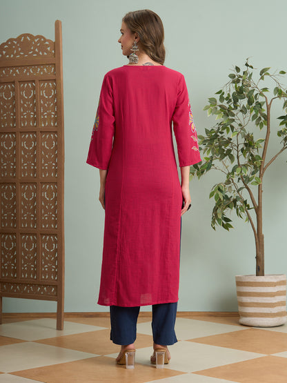 Solid Floral Threadwork Embroidered Straight Fit Kurta - Pink