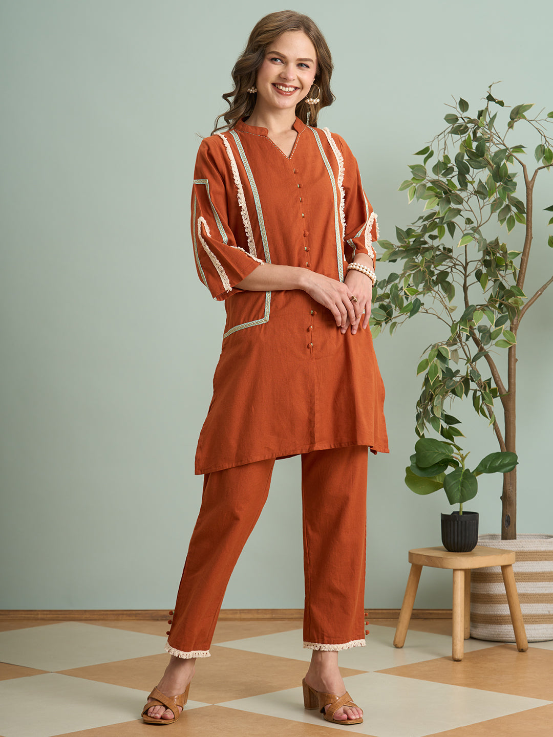 Solid Quirky A-Line Cotton Flax Co-ord Set - Rust