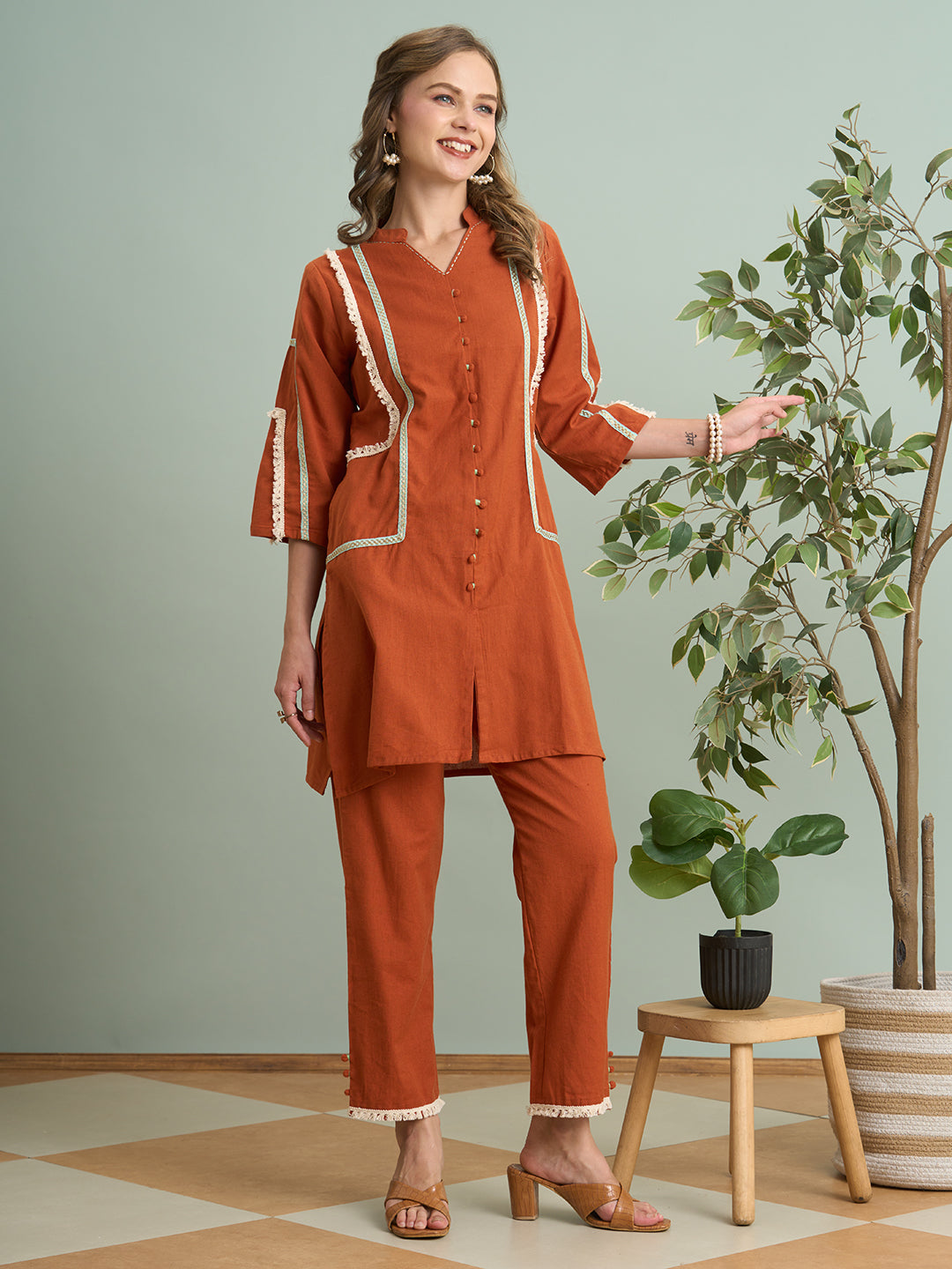 Solid Quirky A-Line Cotton Flax Co-ord Set - Rust