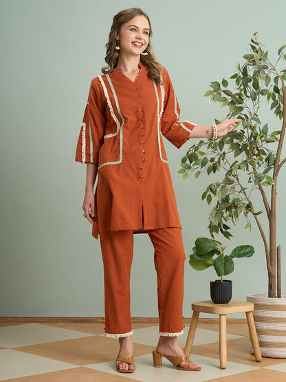 Solid Quirky A-Line Cotton Flax Co-ord Set - Rust