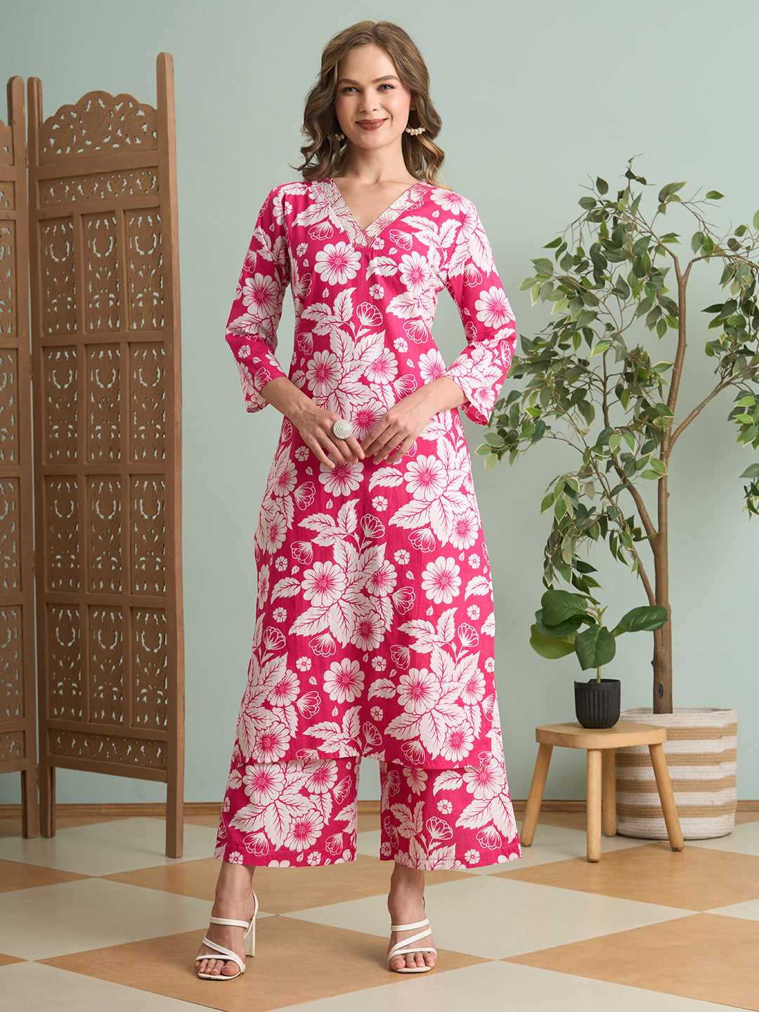 Abstract Floral Printed Straight Fit Co-ord Set - Pink
