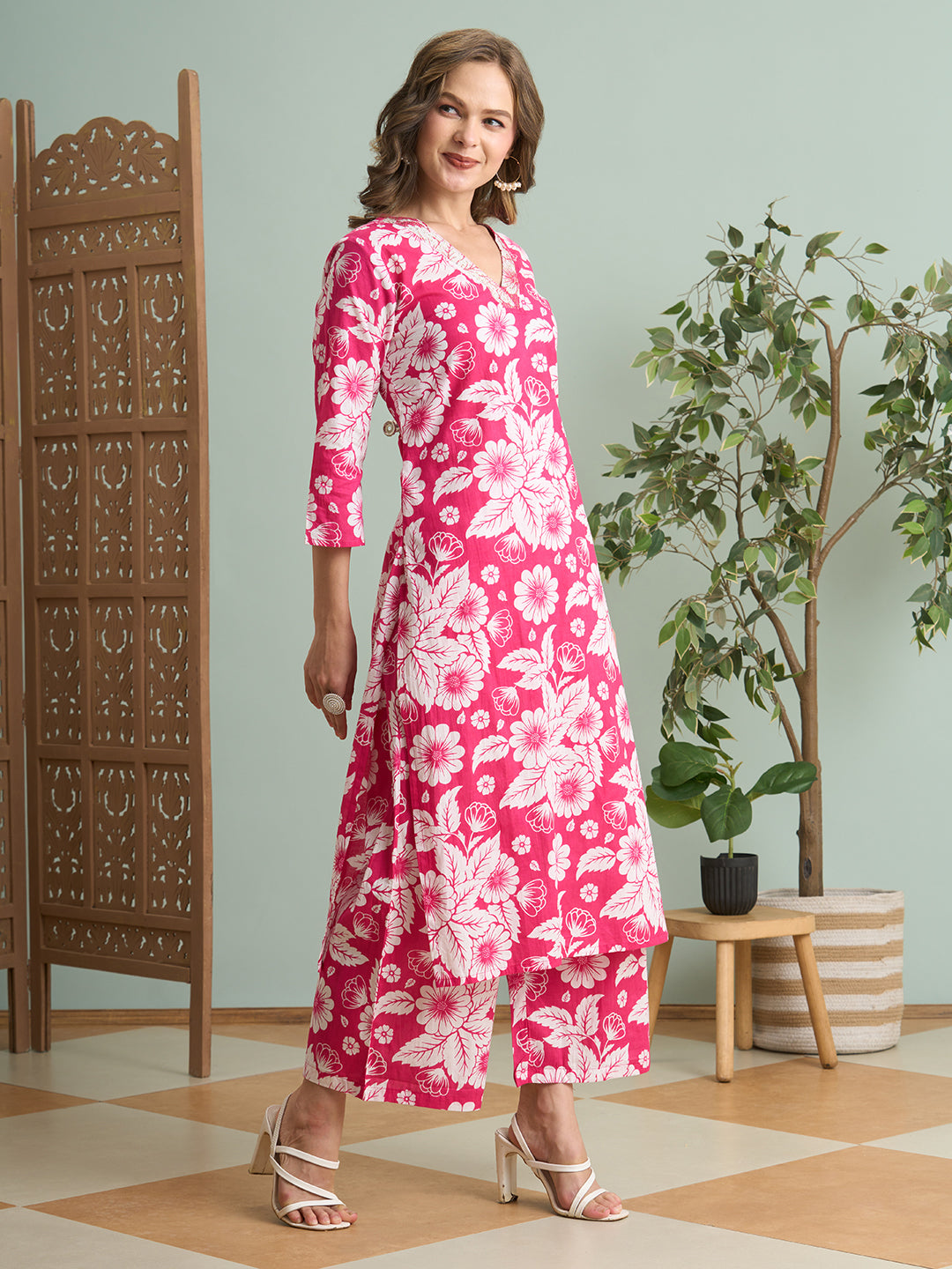 Abstract Floral Printed Straight Fit Co-ord Set - Pink