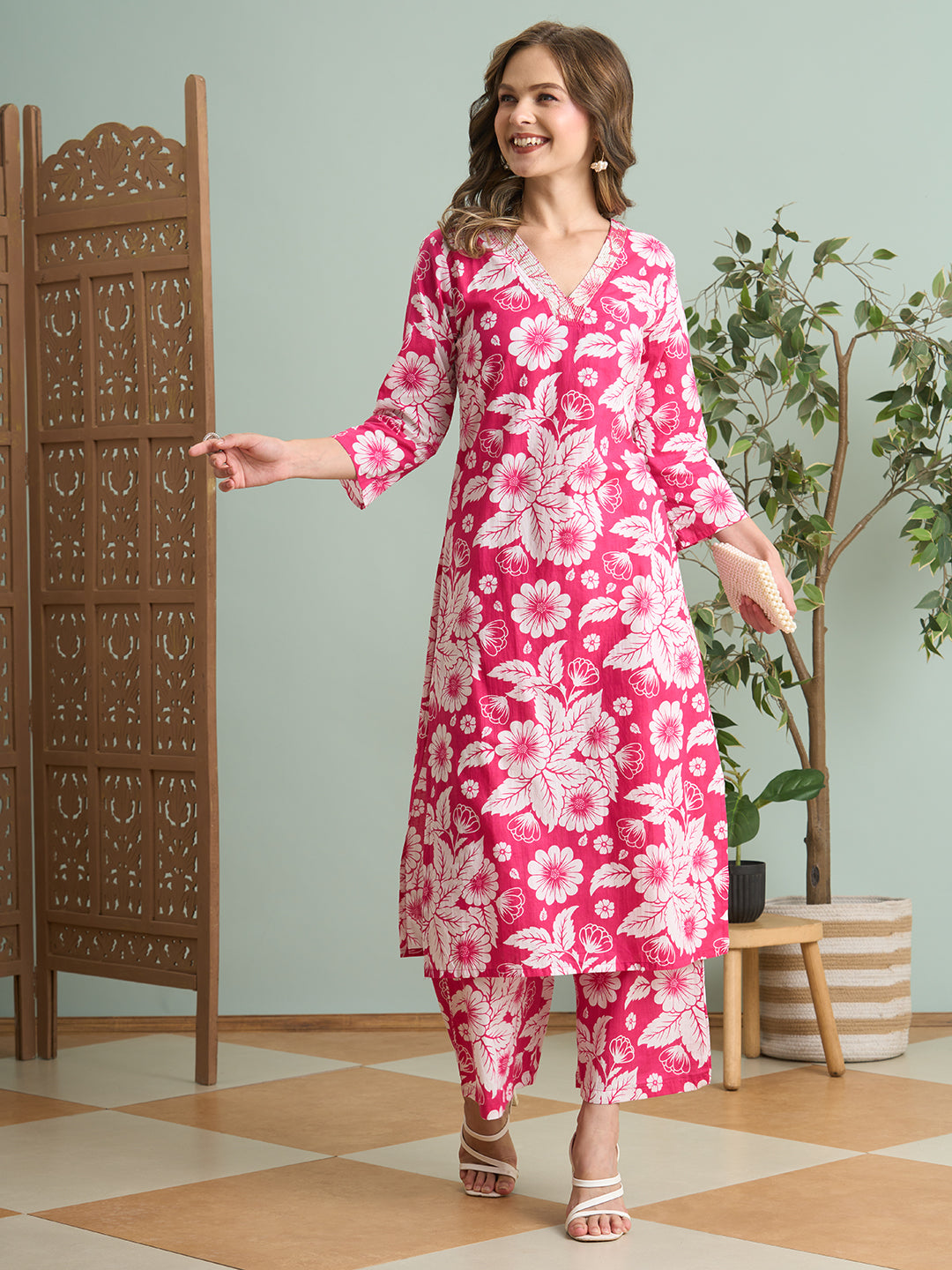 Abstract Floral Printed Straight Fit Co-ord Set - Pink