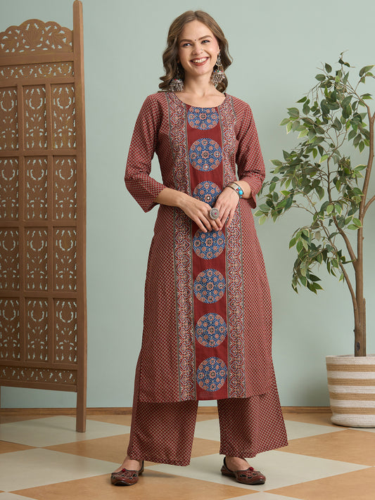Ajrakh Printed Straight Fit Kurta with Palazzo - Maroon