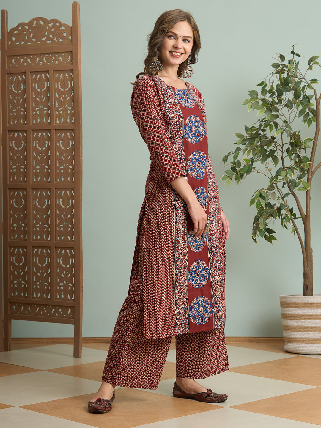 Ajrakh Printed Straight Fit Kurta with Palazzo - Maroon
