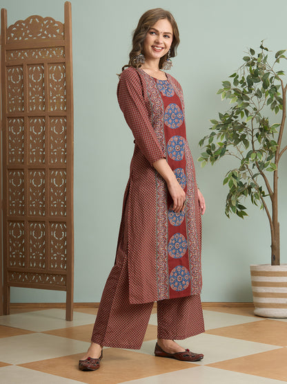 Ajrakh Printed Straight Fit Kurta with Palazzo - Maroon