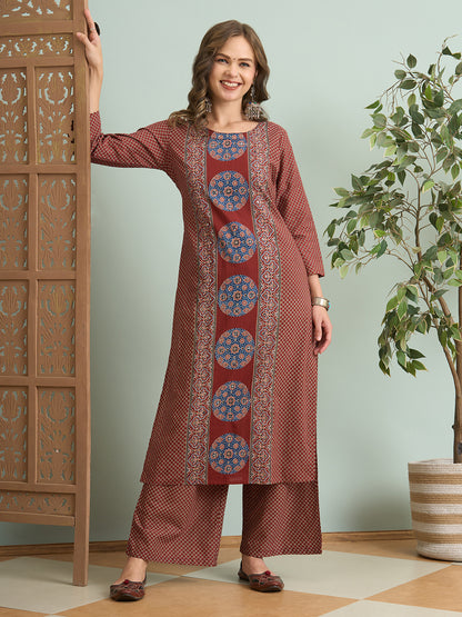 Ajrakh Printed Straight Fit Kurta with Palazzo - Maroon