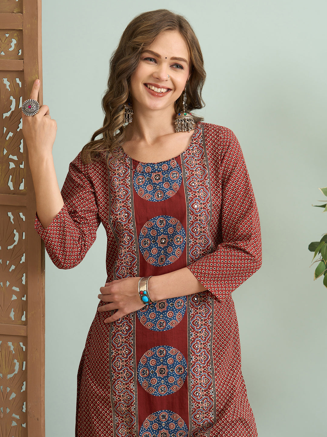 Ajrakh Printed Straight Fit Kurta with Palazzo - Maroon