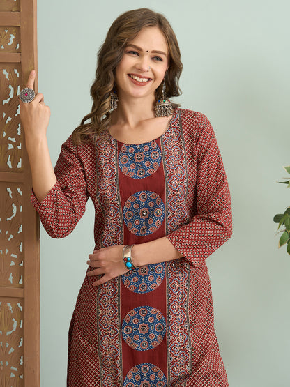 Ajrakh Printed Straight Fit Kurta with Palazzo - Maroon