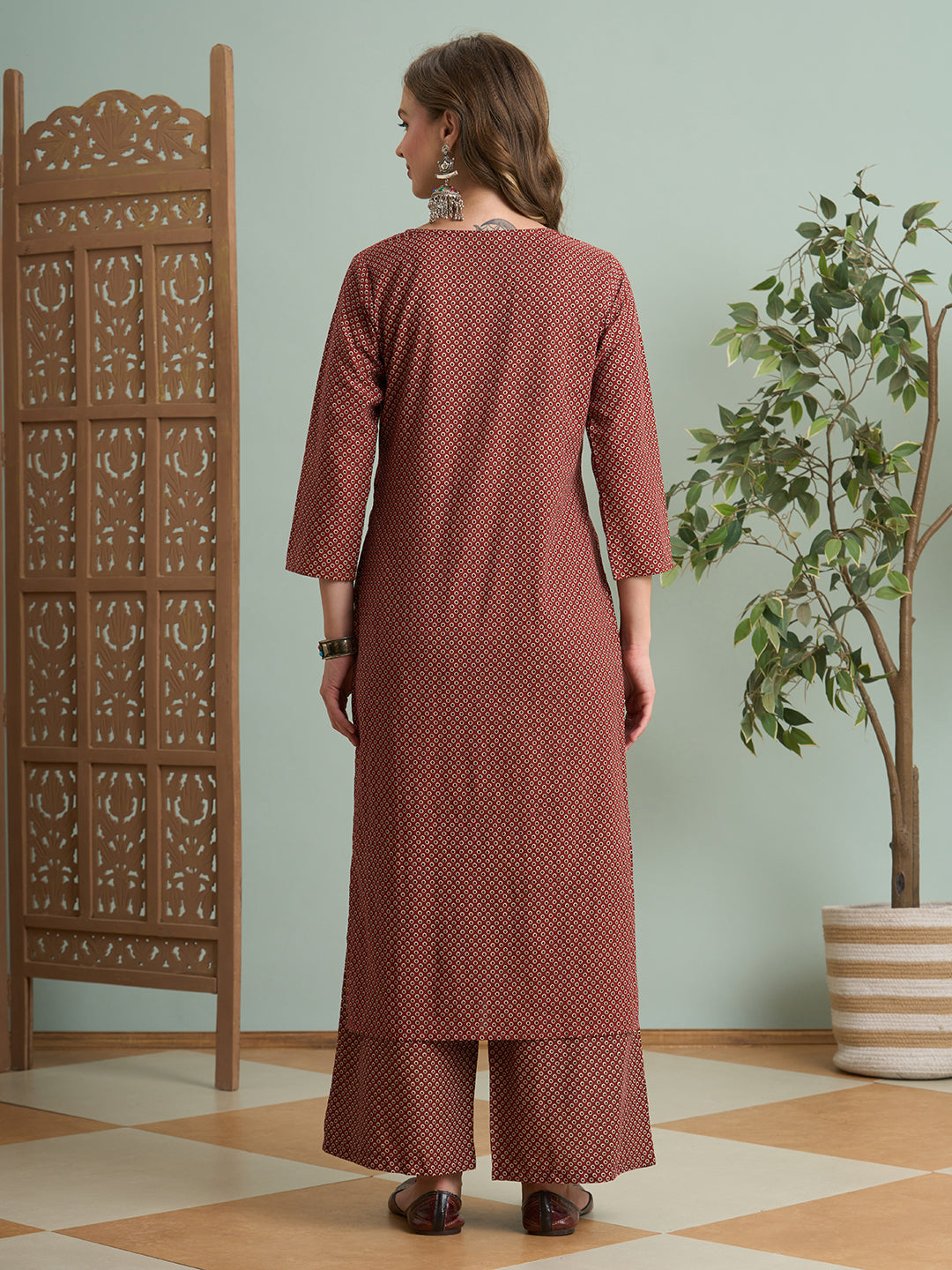 Ajrakh Printed Straight Fit Kurta with Palazzo - Maroon