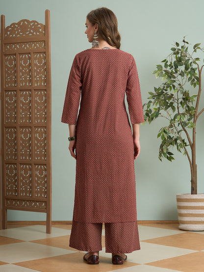 Ajrakh Printed Straight Fit Kurta with Palazzo - Maroon