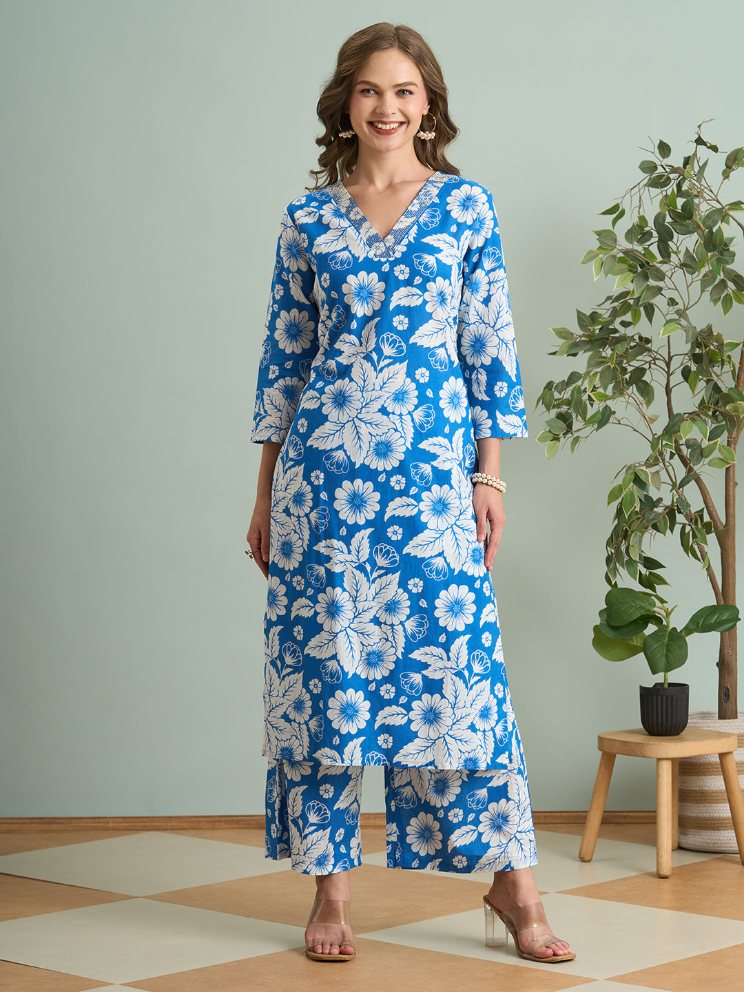 Abstract Floral Printed Straight Fit Co-ord Set - Blue