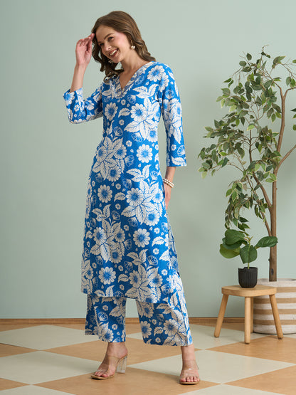 Abstract Floral Printed Straight Fit Co-ord Set - Blue