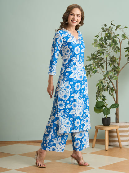 Abstract Floral Printed Straight Fit Co-ord Set - Blue