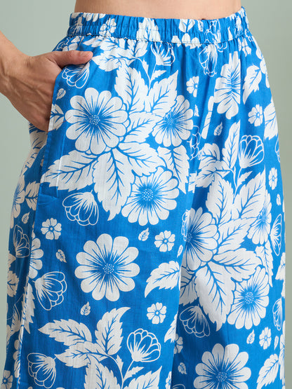 Abstract Floral Printed Straight Fit Co-ord Set - Blue