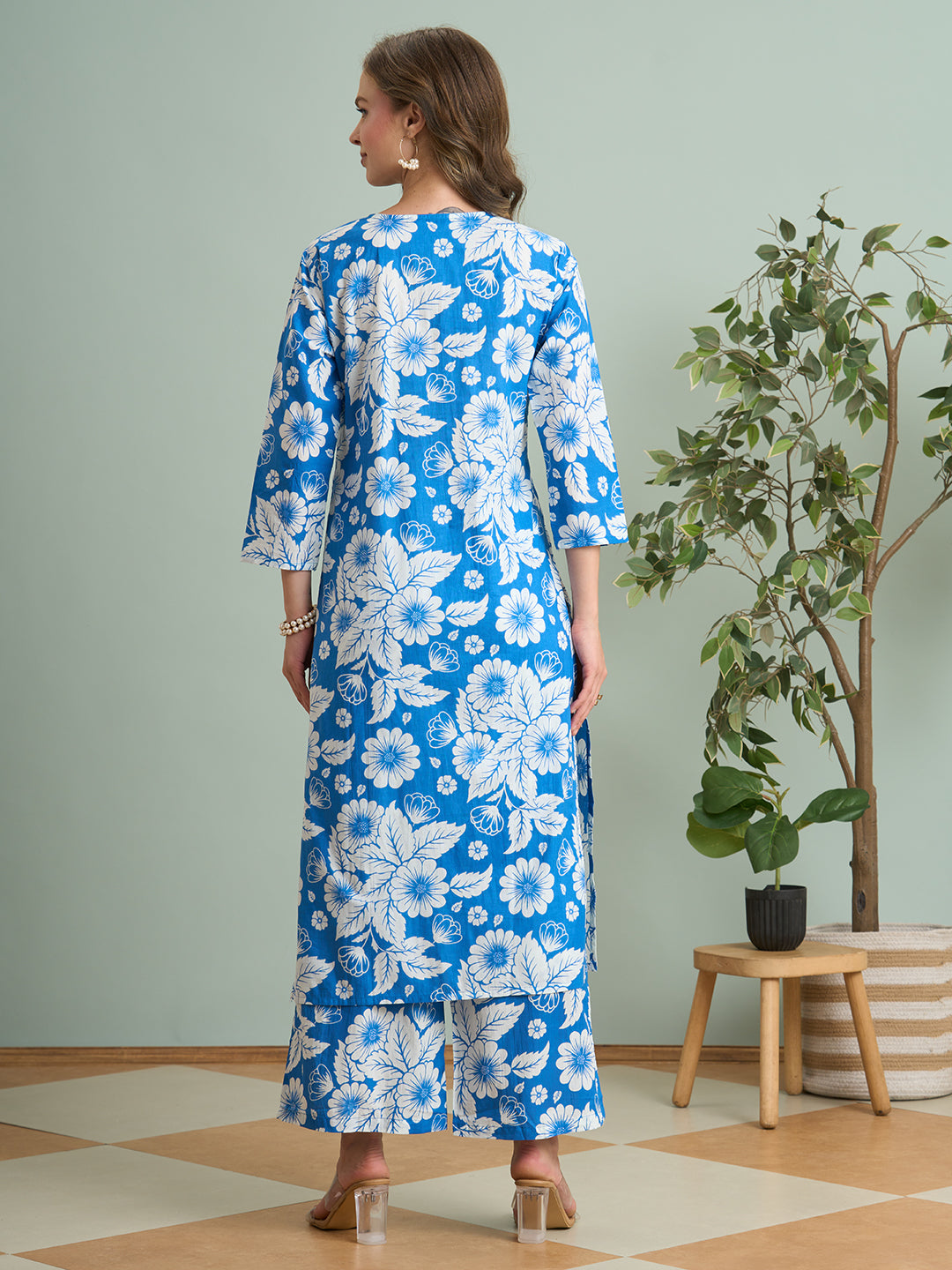 Abstract Floral Printed Straight Fit Co-ord Set - Blue