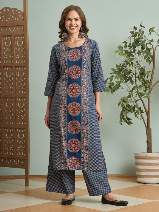 Ajrakh Printed Straight Fit Kurta with Palazzo - Blue