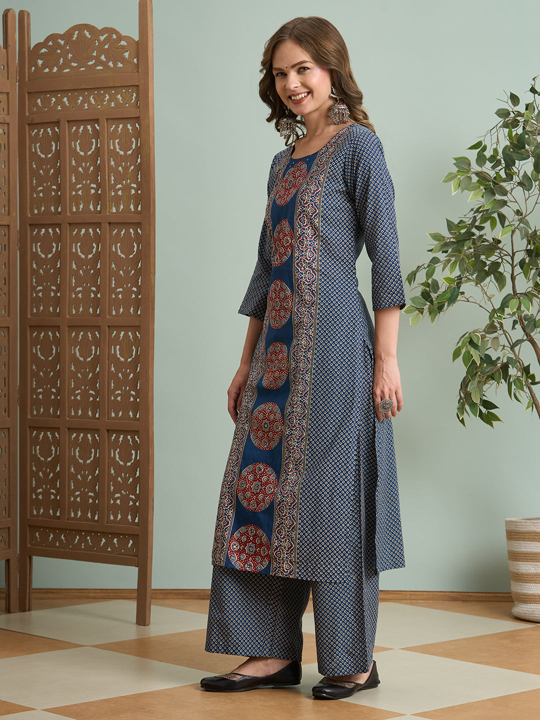 Ajrakh Printed Straight Fit Kurta with Palazzo - Blue