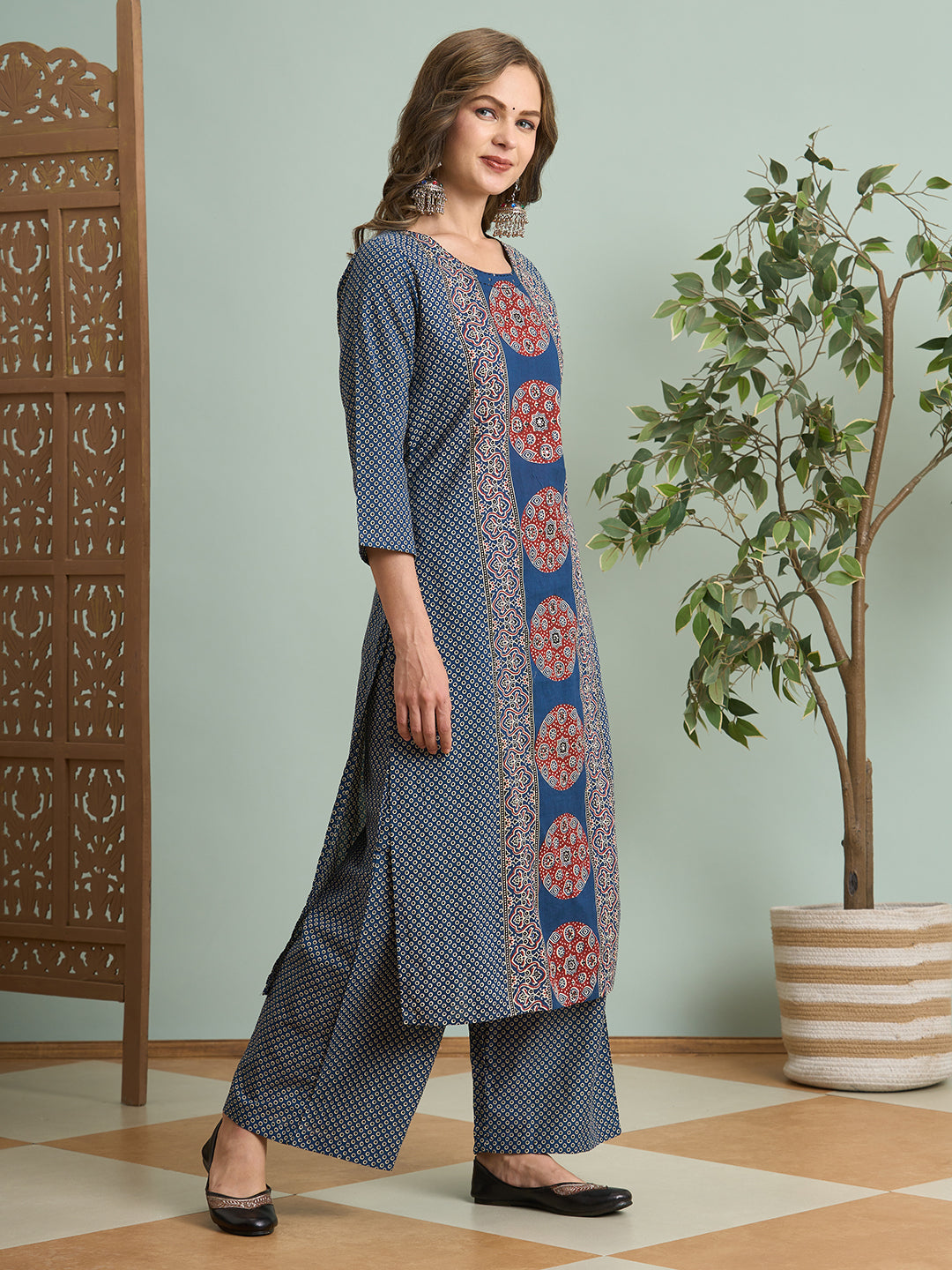 Ajrakh Printed Straight Fit Kurta with Palazzo - Blue