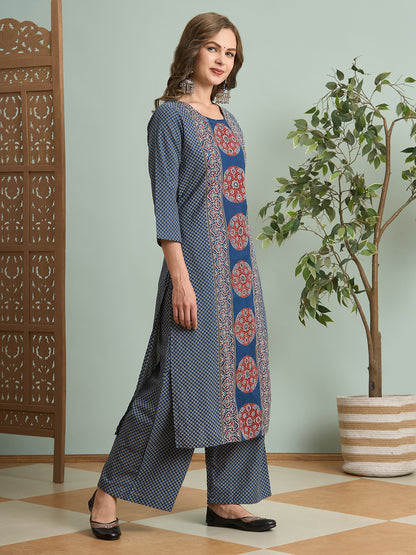 Ajrakh Printed Straight Fit Kurta with Palazzo - Blue