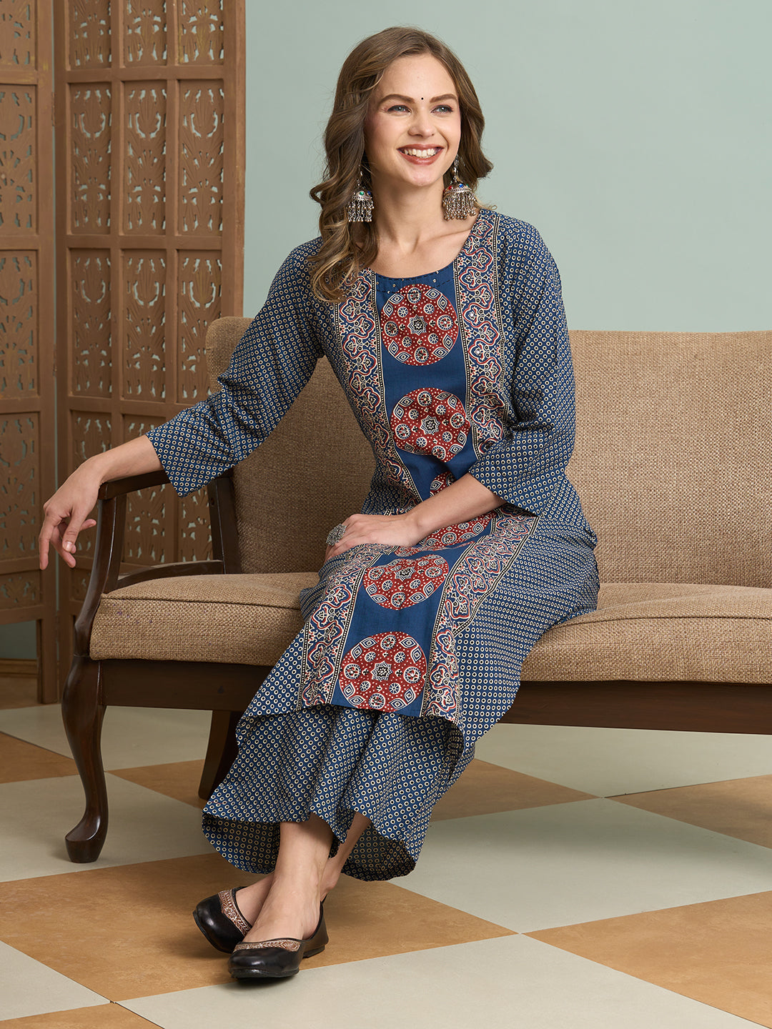 Ajrakh Printed Straight Fit Kurta with Palazzo - Blue