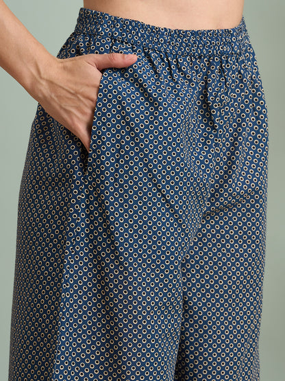 Ajrakh Printed Straight Fit Kurta with Palazzo - Blue