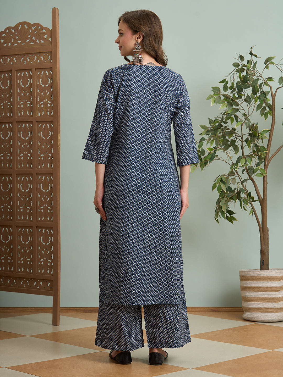 Ajrakh Printed Straight Fit Kurta with Palazzo - Blue