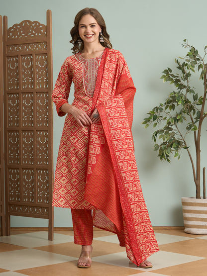 Ethnic Printed & Embroidered Straight Fit Kurta with Pant and Dupatta - Rust