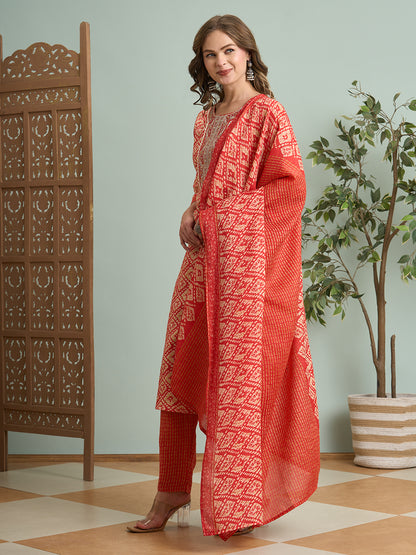 Ethnic Printed & Embroidered Straight Fit Kurta with Pant and Dupatta - Rust