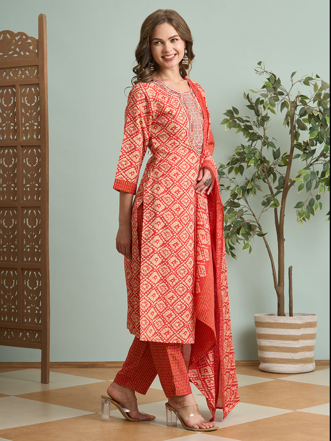 Ethnic Printed & Embroidered Straight Fit Kurta with Pant and Dupatta - Rust