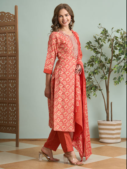 Ethnic Printed & Embroidered Straight Fit Kurta with Pant and Dupatta - Rust