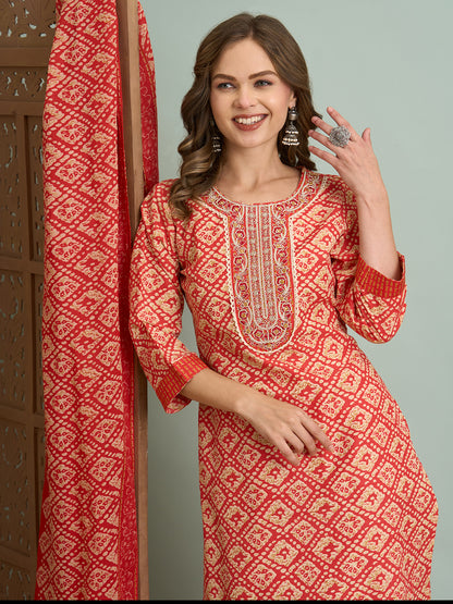 Ethnic Printed & Embroidered Straight Fit Kurta with Pant and Dupatta - Rust