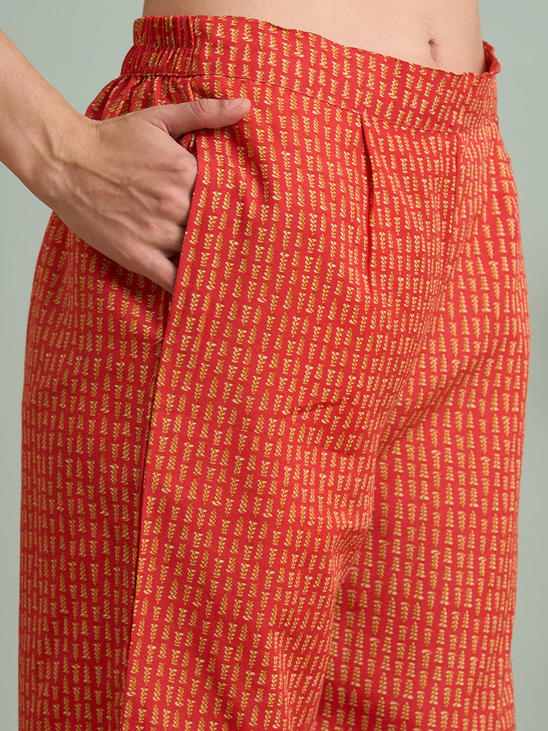 Ethnic Printed & Embroidered Straight Fit Kurta with Pant and Dupatta - Rust