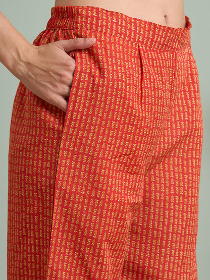 Ethnic Printed & Embroidered Straight Fit Kurta with Pant and Dupatta - Rust