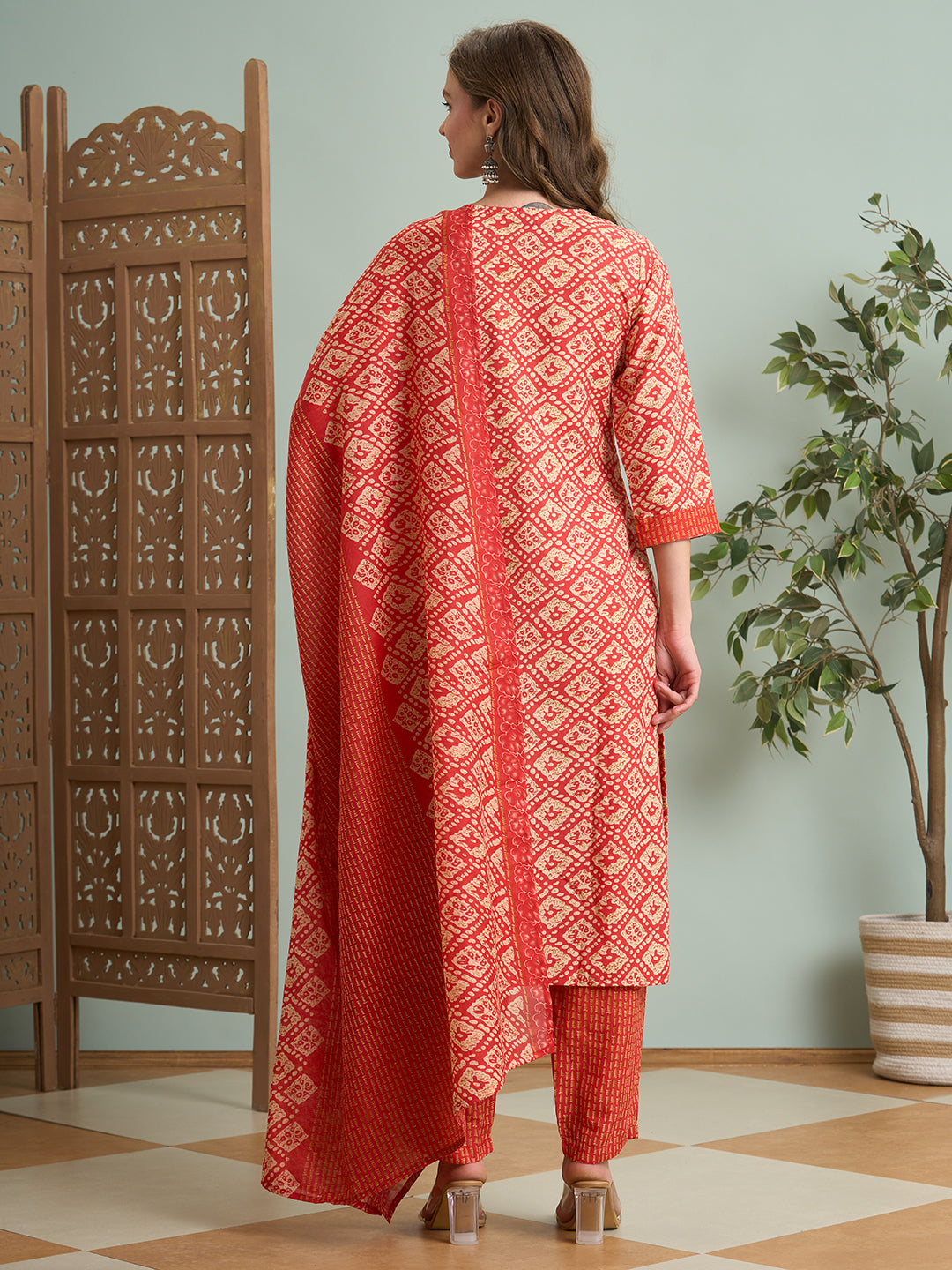 Ethnic Printed & Embroidered Straight Fit Kurta with Pant and Dupatta - Rust