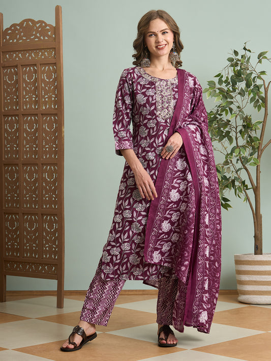 Ethnic Floral Printed Embroidered Straight Fit Kurta with Pant and Dupatta - Burgundy