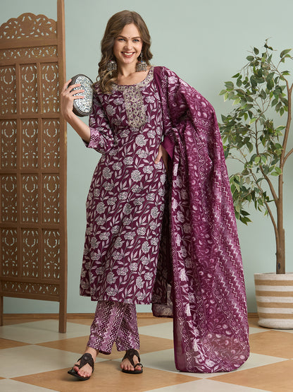 Ethnic Floral Printed Embroidered Straight Fit Kurta with Pant and Dupatta - Burgundy