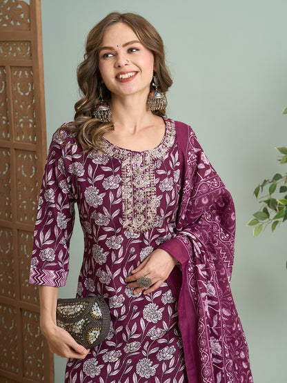Ethnic Floral Printed Embroidered Straight Fit Kurta with Pant and Dupatta - Burgundy